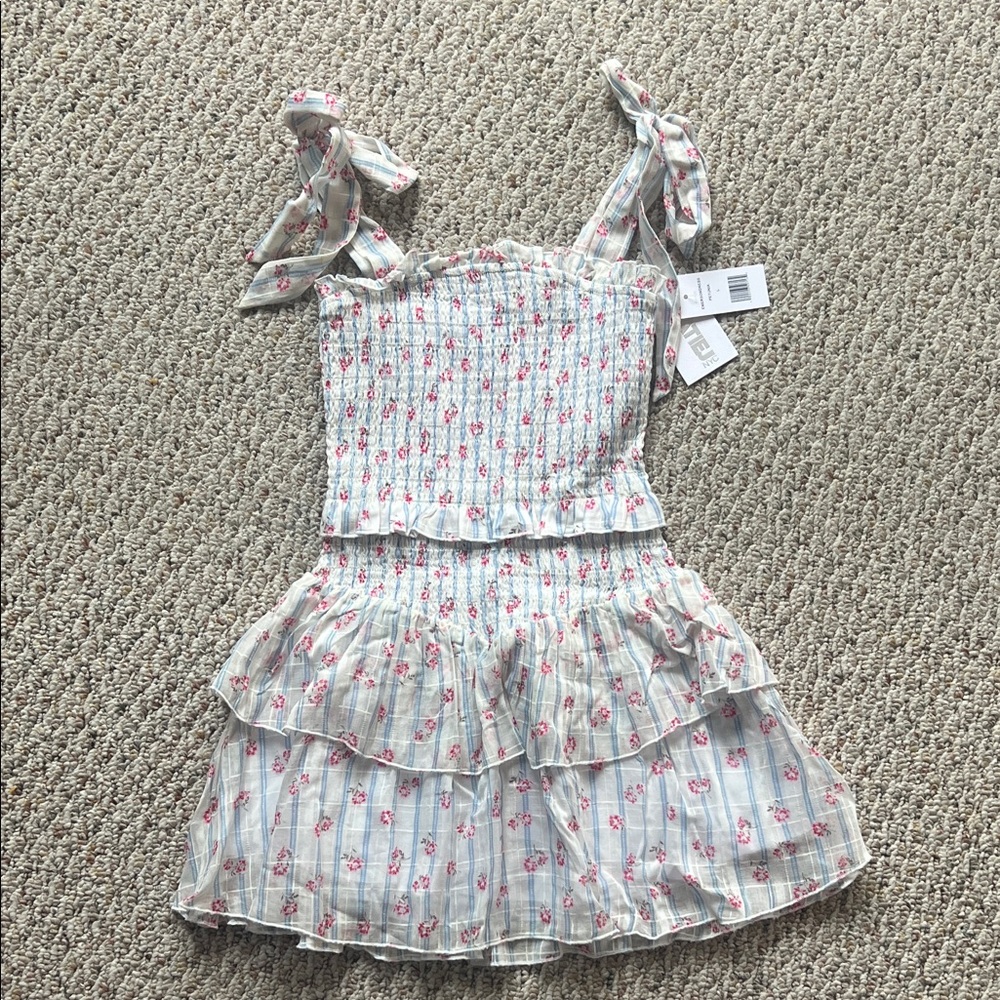 Katie J NYC White Floral Tiered Dress with Pink Flowers